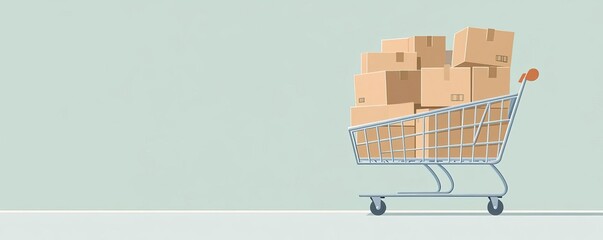 Wall Mural - Flat illustration of a shopping cart filled with cardboard boxes, set against a minimalist retail background with clean lines Cardboard Box  Shopping Cart, Ecommerce concept