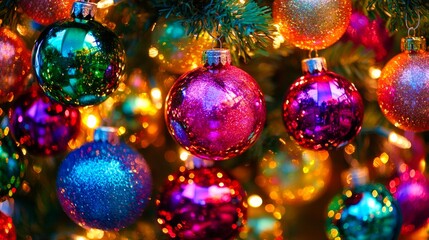 Vibrant and colorful Christmas ornaments with a festive holiday ambiance, glowing in the bright fairy lights.