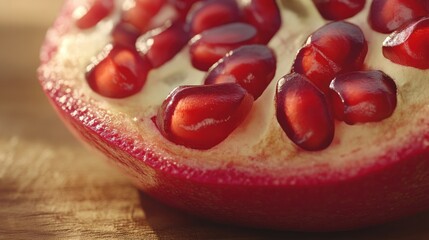 A close-up of a sliced pomegranate, revealing bright red seeds glistening in natural light on a wooden surface.