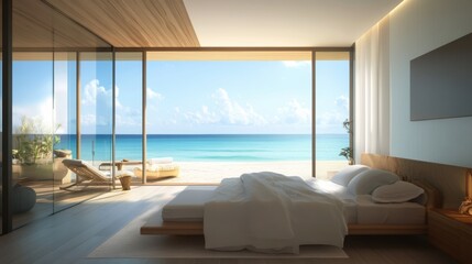 luxurious beachfront room with a minimalist aesthetic natural materials and floor-to-ceiling windows