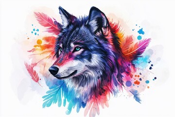 Naklejka na meble Vibrant artistic illustration of a wolf's head with colorful paint splashes and feathers