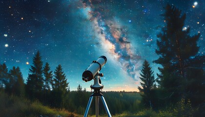 Celestial Exploration: Telescope Gazing at a Majestic Starry Sky Above Enchanting Forests