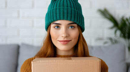 Canvas Print - Woman Holding Cardboard Box Sitting Sofa