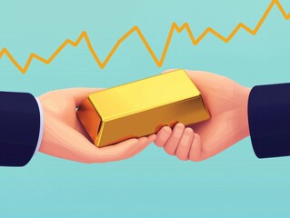 Two hands in suits exchanging a gold bar with a rising line graph in the background symbolizing investment and financial growth.