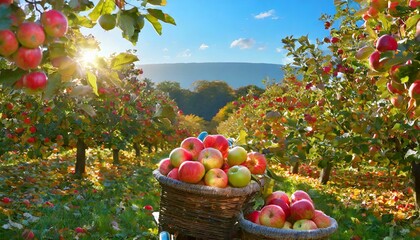 Under a clear autumn sky, families joyfully pick apples in a colorful orchard, surrounded by nature's beauty and harvest scents.