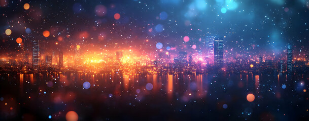 Wall Mural - A vibrant city skyline at night, illuminated with colorful lights and reflections, creating a mesmerizing urban landscape.