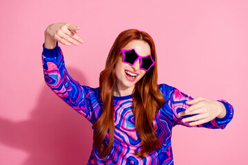 Canvas Print - Photo of lovely young woman dance sunglass wear pullover isolated on pink color background