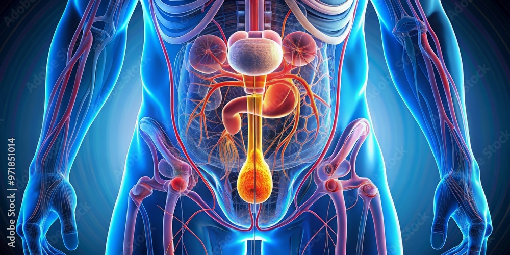 A 3D illustration of the male reproductive system highlighting the ...