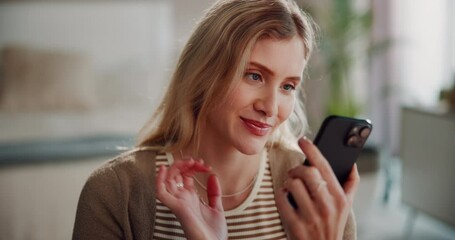 Poster - Woman, phone and speaker for voice note at house of communication, recording and mic of discussion. Smile, girl and online mobile with audio translation, speech chat and send message in living room