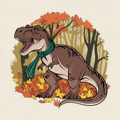 Wall Mural - A dinosaur playing in a pile of autumn leaves, Vintage and Retro illustration