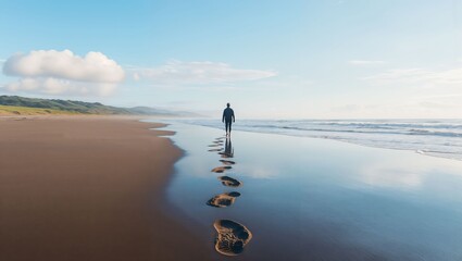 A reflective journey along the tranquil shoreline, where footsteps imprint the soft sand, merging into the expansive blue sky and gentle waves of the ocean's embrace.