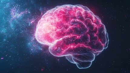 Poster - A digital rendering of a glowing human brain against a starry space background.