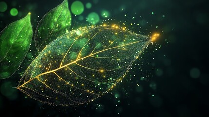 Poster - A digital rendering of a glowing leaf with a web-like structure.