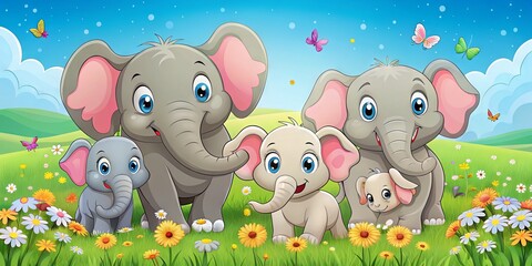 Adorable cartoon family of five elephants, including parents and three playful kids, standing together in a bright