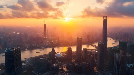 Wall Mural - Aerial View of Shanghai Skyline with Sunset and River