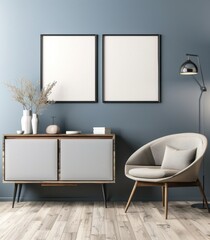 Stylish and minimalist interior with a gray wall, showcasing two empty frames for artwork mockup. Furniture includes a modern armchair, lamp, and cabinet on wooden floor.