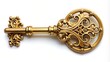 © Four888 - A golden key with intricate details and ornate design elements on a white background, symbolizing unlocking success,