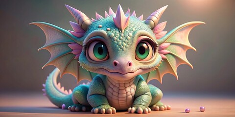 Baby dragon's slender body is wrapped in swirling pastel scales, its big, shiny eyes sparkling with curiosity, and