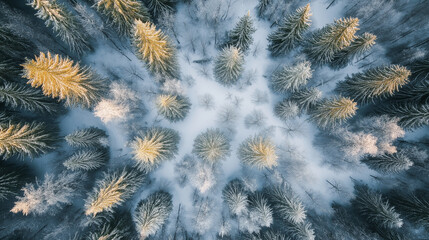 Wall Mural - Aerial view of winter forest with snow covered trees