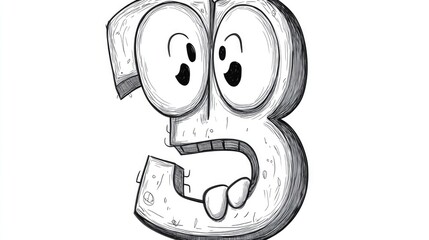 Line art illustration featuring a cartoon representation of the number three