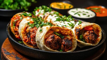 Delicious Middle Eastern Meat Wraps with Parsley and Sauces