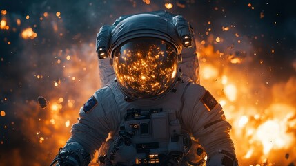 Wall Mural - Astronaut amidst an explosive cosmic scene, showcasing space exploration.