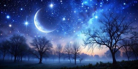 A mystical dark night background with twinkling stars, silhouetted trees, and a crescent moon suspended in a deep