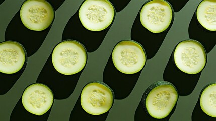 Wall Mural - Sliced zucchini in a repeating pattern on a green background.