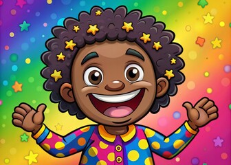 A playful hand-drawn cartoon character with dark skin tone and expressive features, sporting a cheerful smile and