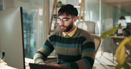 Wall Mural - Computer, glasses and typing with business man at desk in office for administration or research. Accounting, bookkeeping and report of finance employee at work for professional wealth management