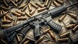 © Four888 - A sleek, black, and intimidating assault rifle lies on a tactical gear background, surrounded by bullets and magazines,