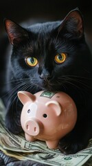 Wall Mural - Curious black cat with striking yellow eyes gazes intently at a pink piggy bank resting on dollar bills, embodying the concept of feline financial curiosity.