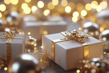 Elegant white gift boxes adorned with gold ribbons and surrounded by shimmering ornaments during a festive holiday celebration