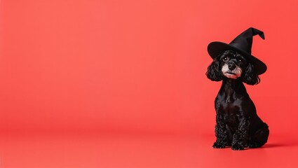 Enchanting Black Dog Dressed in a Witch Hat Against a Vibrant Red Background, Capturing the Playful Spirit of Halloween Celebrations and Pet Festivities with a Cute Charm.