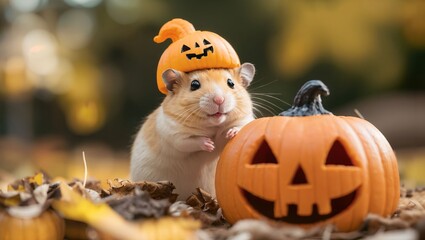 A delightful scene captures a charming hamster dressed in a whimsical pumpkin hat, playfully posed alongside an artistic Halloween pumpkin, all set amidst crunchy autumn leaves.