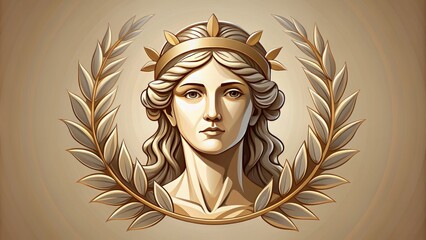 A stylized illustration of a classical female figure, adorned with laurel wreath and liberty cap, symbolizing freedom