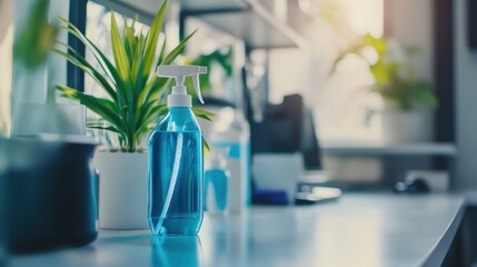 Wall Mural - Blue Disinfectant Spray Bottle on a Desk