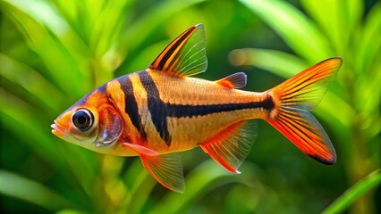 In the tank, a troop of vibrant orange and black striped tiger tetras swim with energy, their delicate