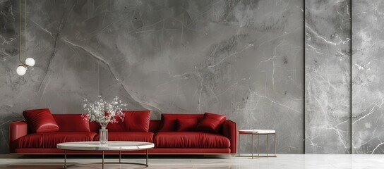 Modern living room interior with a red leather sofa, grey marble wall and white marble coffee table.