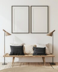 Minimalist interior with two empty picture frames mockup on a white wall. Wooden bench, pillows, and modern lamps. Scandinavian style living room.