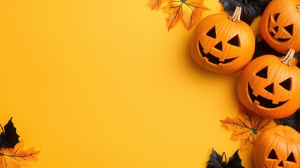 Poster - Halloween Pumpkin Jack O Lantern with Fall Leaves on Yellow Background