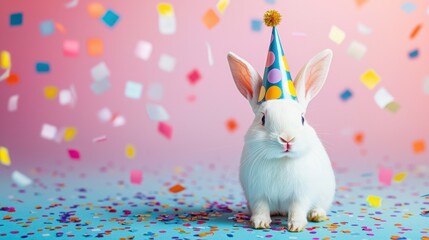 Wall Mural - Adorable Bunny Wearing Party Hat Surrounded by Colorful Confetti