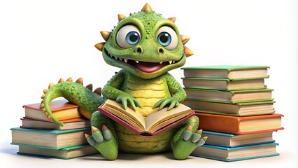 A whimsical illustration of a friendly, green, scaly monster with big eyes and sharp teeth, sitting on a