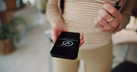Aufkleber - Hands, person and phone screen with credit card for ecommerce payment, finance transaction and easy fintech. Mobile, website and banking app for online shopping, notification and checkout at house