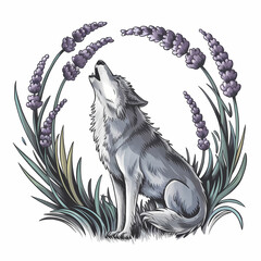 Wall Mural - A wolf howling at the moon with lavender flowers around it, Charcoal illustration