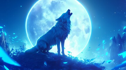 A wolf stands tall, howling at a neon moon, with electric blue light coursing through its fur, illuminating the night sky