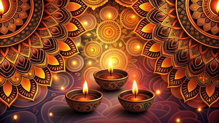 Wall Mural - Three-dimensional rendering of a vibrant Diwali celebration background with intricate black Mandala patterns