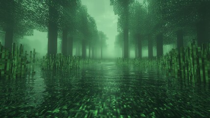 Canvas Print - Pixelated Forest Path Leading Through Misty Green Water