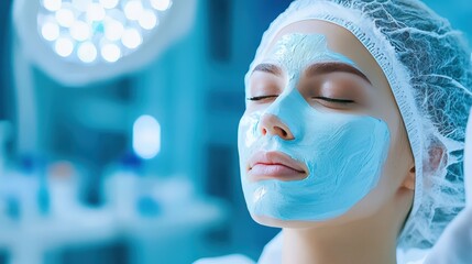 Wall Mural - A close-up of a cosmetologist applying a facial mask in a modern clinic