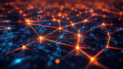 Leinwandbilder - An illuminated network diagram with connected nodes and bursts of colorful light on a dark background.